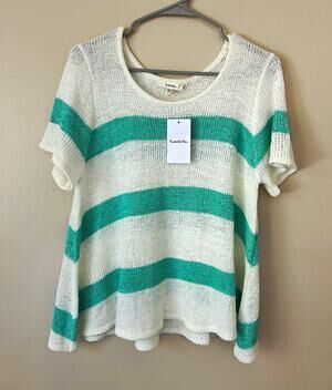 TwentyTen White/Green Striped Knit Pullover Sweater Short Sleeve Round Neck S/M